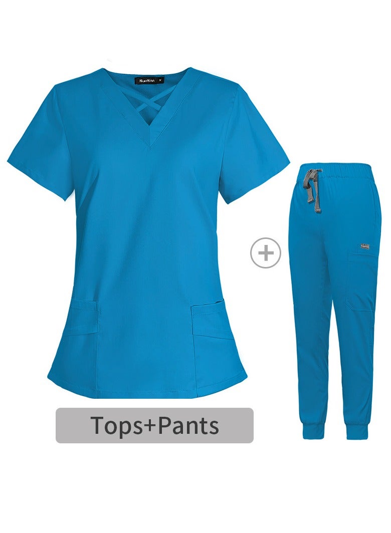 Loquat Fashion Medical Uniform Scrubs 2 Piece Set Stand Collar Top and Jogger Pants Suit Blue 