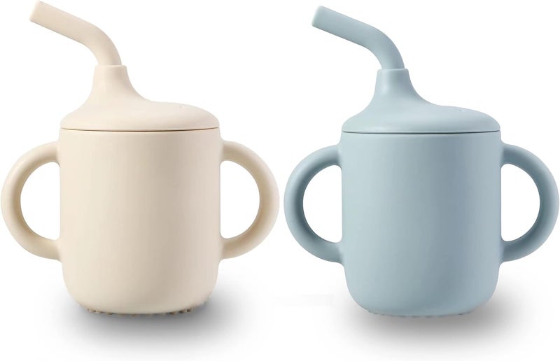 PandaEar 2 Pack 100 Tiny Silicone Drinking Training Cup with Handles  Straw for Baby and Toddler White Blue - Image 1