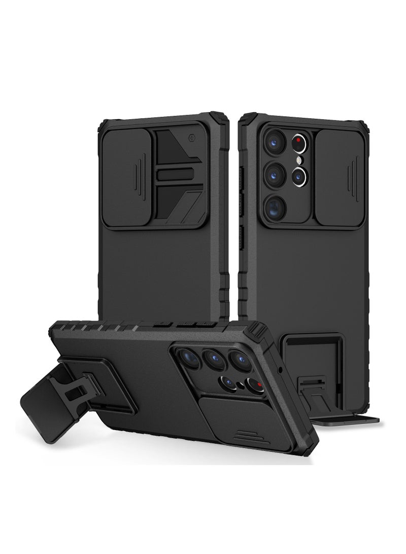 Samsung Galaxy S23 Ultra Black Mobile Phone Case Cover, Innovative Telescopic Bracket, Sliding Protection Camera Window, Bumper Shockproof Phone Back Cover  - Image 1