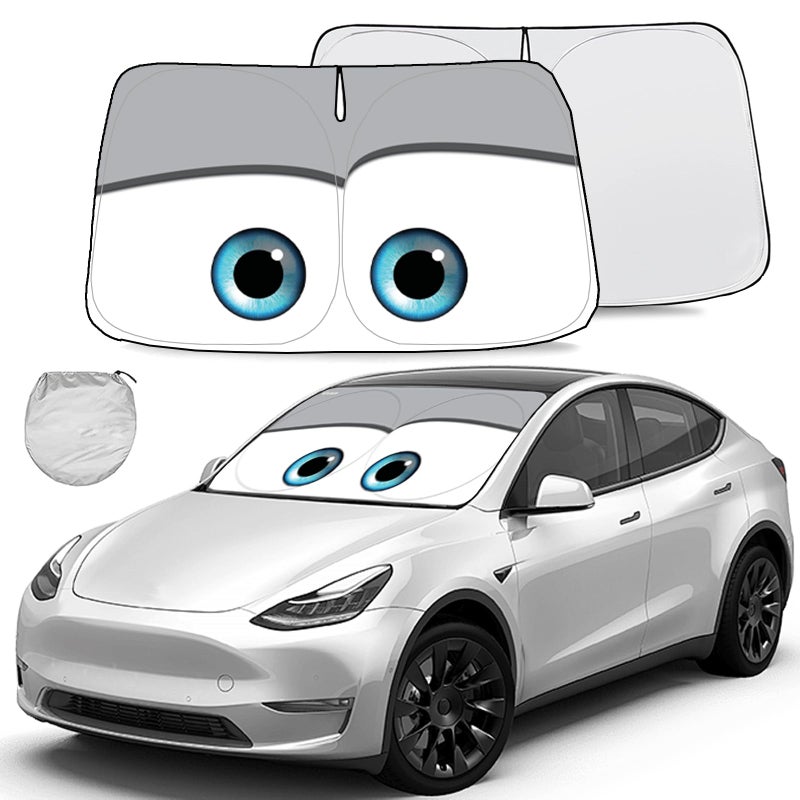 Gven Sunshade for Tesla Model Y Accessories 2025 Funny Eyes Windshield Sun Shade Car Front Window Shade for Tesla Model 3 Accesssories DualSided Versatility Grey Eyes