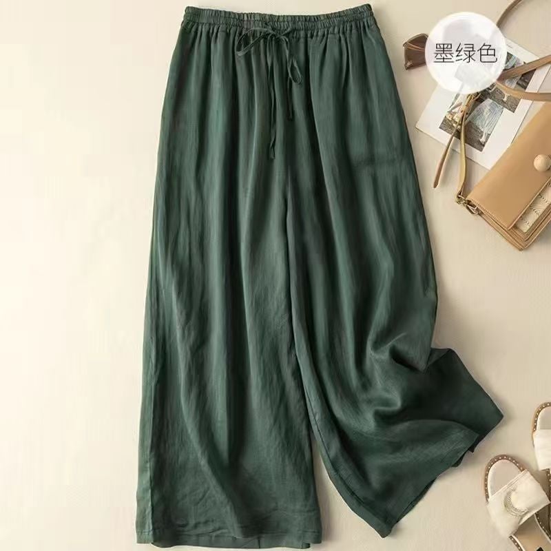Draped Middle-aged Cotton and Linen Trousers 2024 New Summer Pants High Waist Breathable Casual Wide-leg Pants Dark green - Image 1