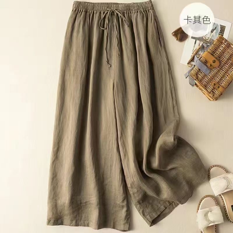 Draped Middle-aged Cotton and Linen Trousers 2024 New Summer Pants High Waist Breathable Casual Wide-leg Pants Dark green - Image 2