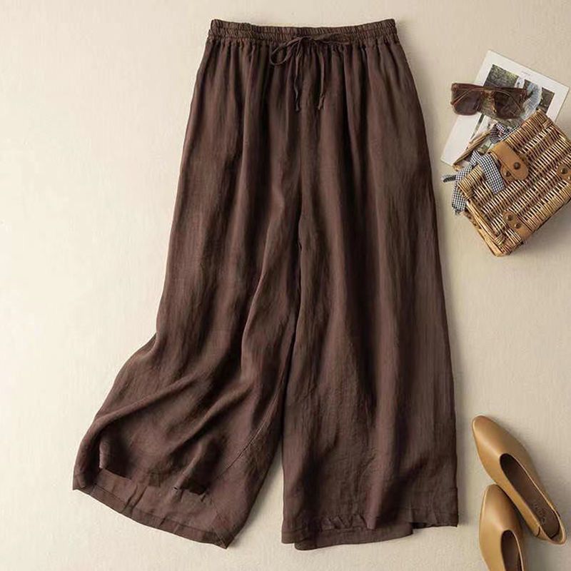 Draped Middle-aged Cotton and Linen Trousers 2024 New Summer Pants High Waist Breathable Casual Wide-leg Pants Dark green - Image 3