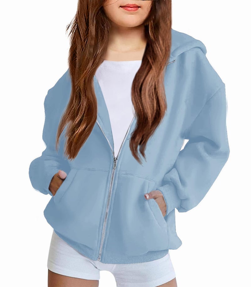 Arshiner Girls Zip Up Hoodies Teen Fleece Full-Zip Hoodie Sweatshirt Light Blue Fall Jacket Casual Sweatshirts Size 10-12 - Image 1