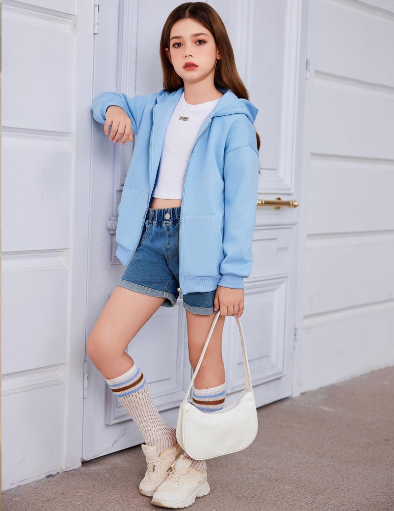 Arshiner Girls Zip Up Hoodies Teen Fleece Full-Zip Hoodie Sweatshirt Light Blue Fall Jacket Casual Sweatshirts Size 10-12 - Image 3