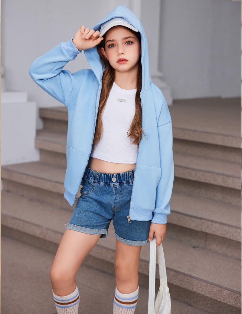 Arshiner Girls Zip Up Hoodies Teen Fleece Full-Zip Hoodie Sweatshirt Light Blue Fall Jacket Casual Sweatshirts Size 10-12 - Image 2
