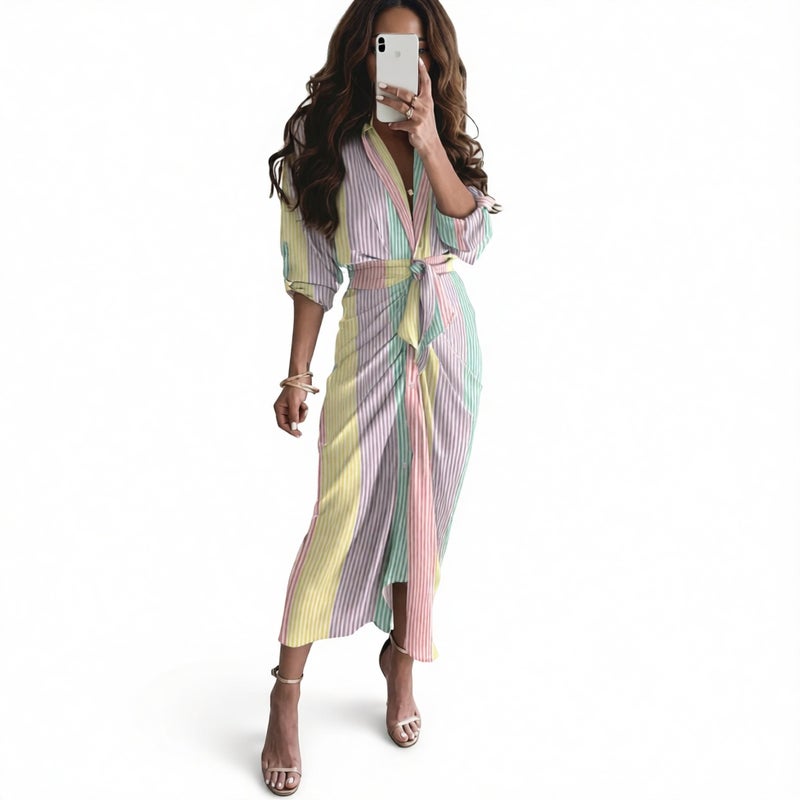 Elegant Long Sleeve V-Neck Button Print Maxi Dress - Image 1