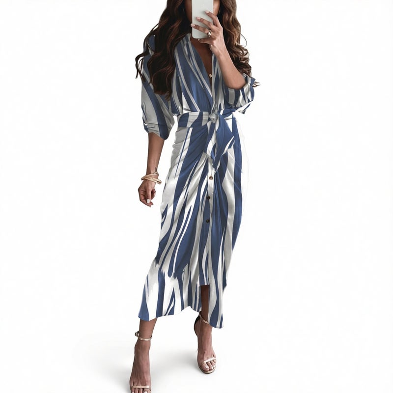 Elegant Long Sleeve V-Neck Button Print Maxi Dress - Image 4