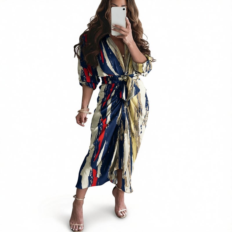 Elegant Long Sleeve V-Neck Button Print Maxi Dress - Image 3