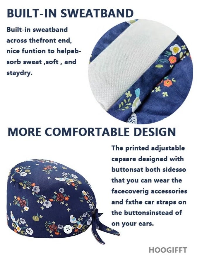 3 Pack Working Cap   with Buttons and Sweatband   Cotton Printed Adjustable Bouffant Tie Back Hats for Women and Men  Head Covers Shower Caps  Nurse hat with buttons   One Size - Image 4