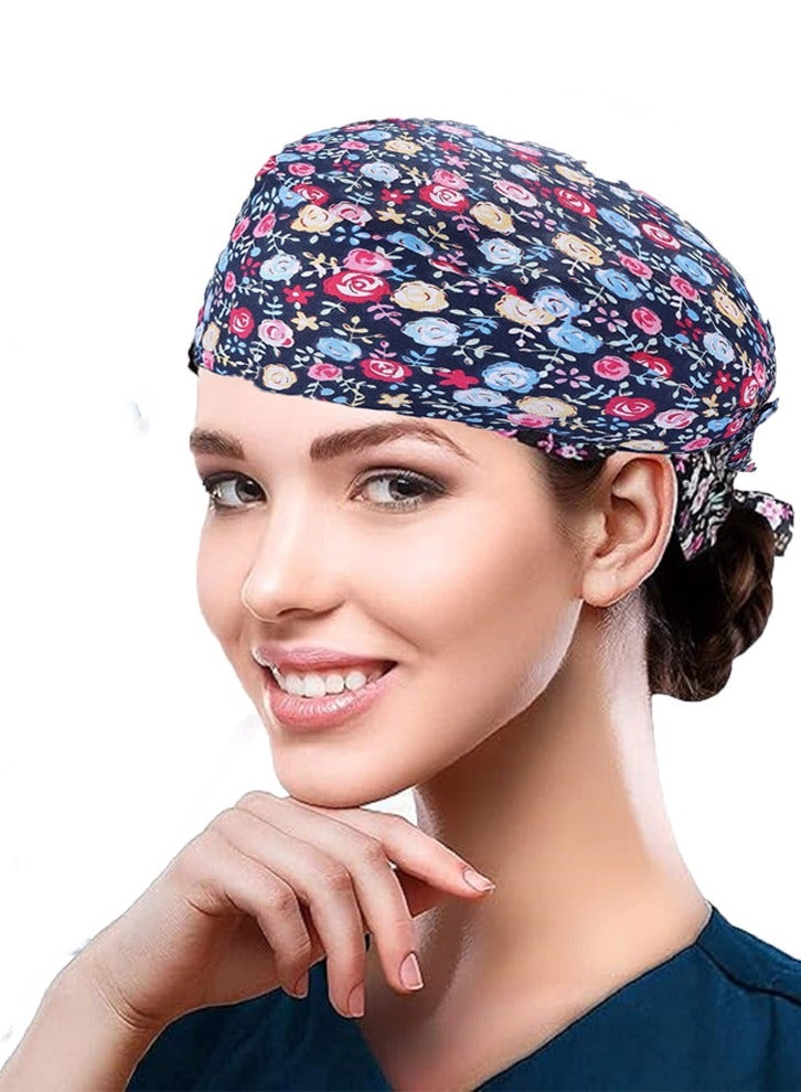 3 Pack Working Cap   with Buttons and Sweatband   Cotton Printed Adjustable Bouffant Tie Back Hats for Women and Men  Head Covers Shower Caps  Nurse hat with buttons   One Size - Image 2