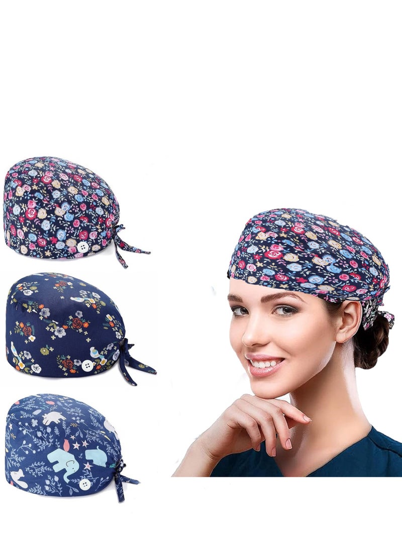 3 Pack Working Cap   with Buttons and Sweatband   Cotton Printed Adjustable Bouffant Tie Back Hats for Women and Men  Head Covers Shower Caps  Nurse hat with buttons   One Size - Image 1