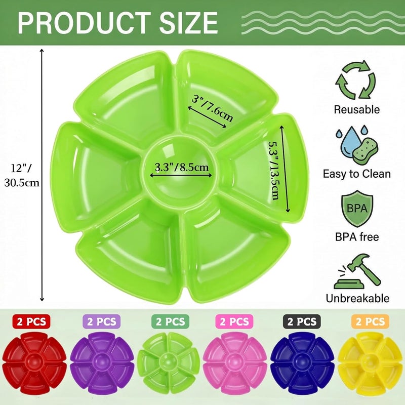 AVLA 12 Pcs Plastic Snack Serving Tray, 12 Inch Unbreakable Chip and Dip Divided Serving Plates, Round 7 Compartments Multifunctional Food Platter for Snack, Nuts, Candy, Dried Fruit, Veggies - Image 2
