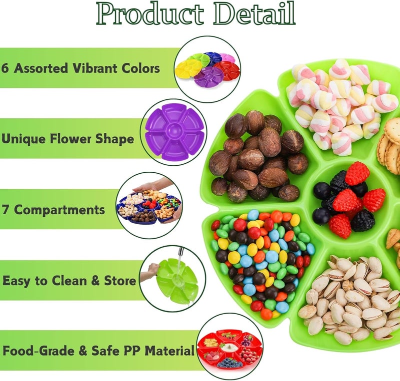 AVLA 12 Pcs Plastic Snack Serving Tray, 12 Inch Unbreakable Chip and Dip Divided Serving Plates, Round 7 Compartments Multifunctional Food Platter for Snack, Nuts, Candy, Dried Fruit, Veggies - Image 3