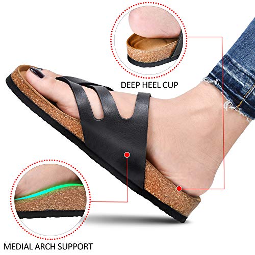 AEROTHOTIC Cute Slides for Women with Arch Support Comfy Adjustable Buckle Split Toe Straps with Cushioned Memory Foam Cork Foodbed Slip on Luxury Outdoor Walking Sandals (Celestis Black, Size 6) - Image 4