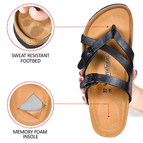 AEROTHOTIC Cute Slides for Women with Arch Support Comfy Adjustable Buckle Split Toe Straps with Cushioned Memory Foam Cork Foodbed Slip on Luxury Outdoor Walking Sandals (Celestis Black, Size 6) - Image 5