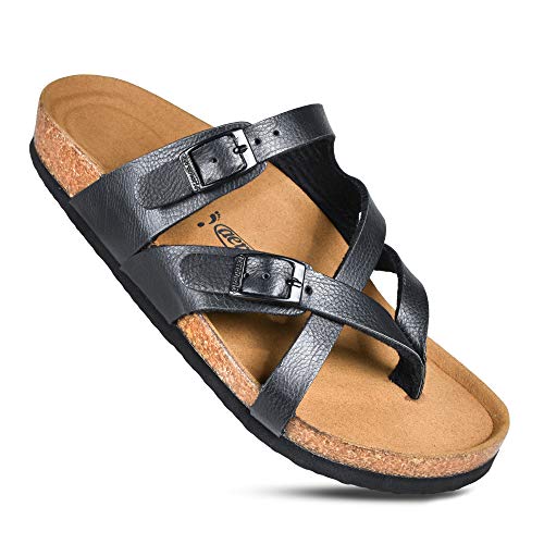 AEROTHOTIC Cute Slides for Women with Arch Support Comfy Adjustable Buckle Split Toe Straps with Cushioned Memory Foam Cork Foodbed Slip on Luxury Outdoor Walking Sandals (Celestis Black, Size 6) - Image 1