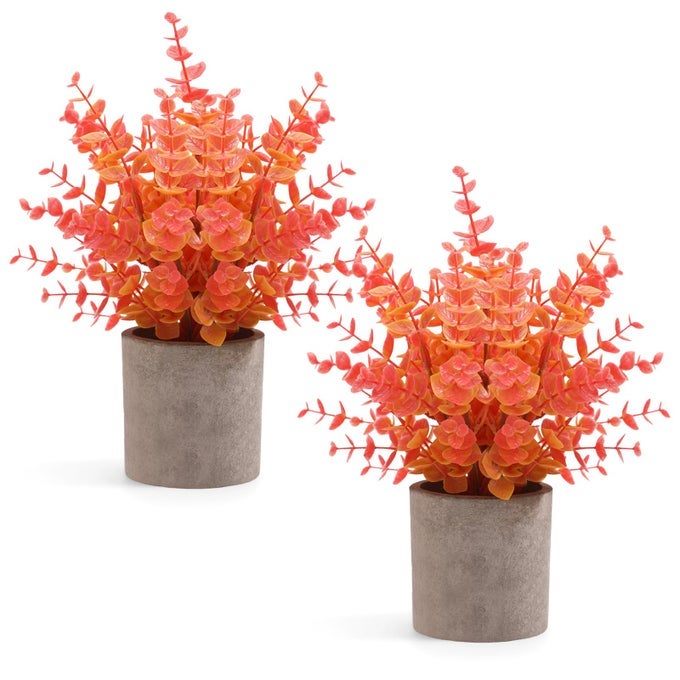 2 PACK FALL SMALL FAKE PLANTS EUCALYPTUS POTTED ARTIFICIAL PLANTS FALL DECORATIONS FOR HOME SHELF OFFICE BATHROOM DESK FARMHOUSE ROOM COFFEE TABLE DECOR FALL DECOR FALL ORANGE