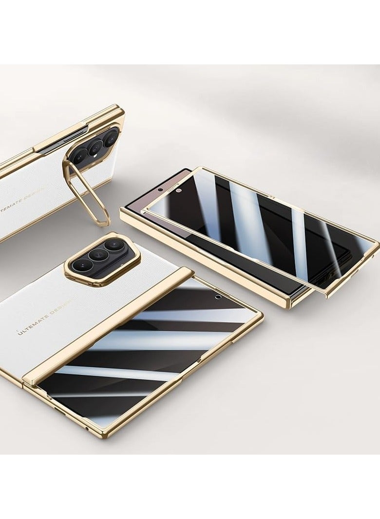 **متوافق مع هاتف Samsung Galaxy Z Fold 7 5G - حافظة إطار مطلي كهربائيًا بمفصل مغناطيسي واقي من جلد حبيبي، تتضمن غطاء لعدسة الكاميرا وحامي خصوصية للشاشة لهاتف Fold 7.**