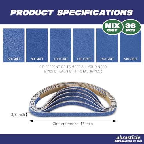 abrasticle 3/8" x 13" Zirconia Sanding Belts for Metal, 3/8 x 13 Inch Zirconia Metal Grinding Sand Paper, 36 PCS 6 Each of 60/80/100/120/180/240 Assorted Grits - Image 2