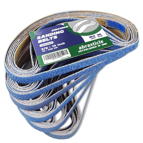 abrasticle 3/8" x 13" Zirconia Sanding Belts for Metal, 3/8 x 13 Inch Zirconia Metal Grinding Sand Paper, 36 PCS 6 Each of 60/80/100/120/180/240 Assorted Grits - Image 1