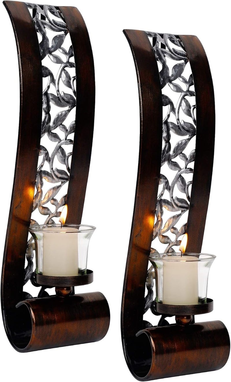Shelving Solution Wall Sconce 14.4 x 3.5 Inch, with Tea Light Candle Holder Antique Bronze Style Metal Wall Art Decorations for Living Room, Bathroom, Dining Room and Office, Set of 2 - Image 1