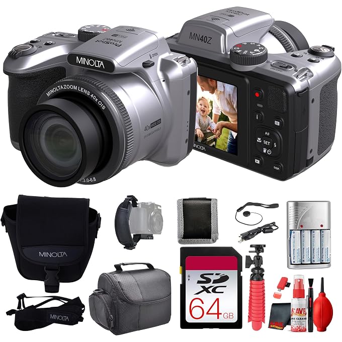 MINOLTA MN40Z 20 Mega Pixels 40x Optical Zoom Digital Camera with 1080p FHD Video, Silver, Bundle with 64GB Memory Card + Vlog Tripod + 4xAA Battery with Charger + Accessories - Image 1