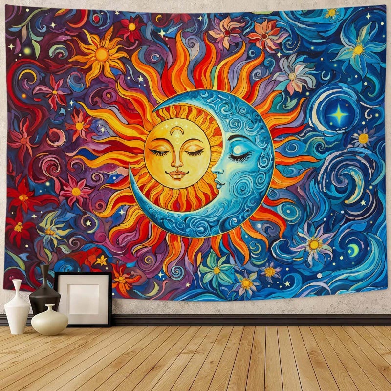 Accnicc Sun and Moon Tapestry Boho Hippie Orange Red Blue Floral Tapestry for Bedroom Aesthetic Abstract Plant Flowers Stars Small Tapestries Wall Hanging for Living Room Dorm 48 x 36 Inch - Image 2