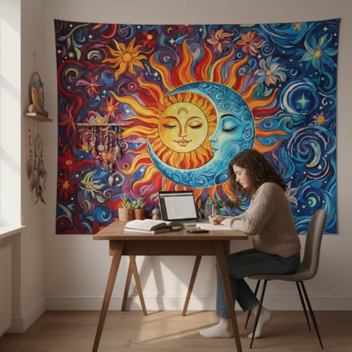 Accnicc Sun and Moon Tapestry Boho Hippie Orange Red Blue Floral Tapestry for Bedroom Aesthetic Abstract Plant Flowers Stars Small Tapestries Wall Hanging for Living Room Dorm 48 x 36 Inch - Image 3