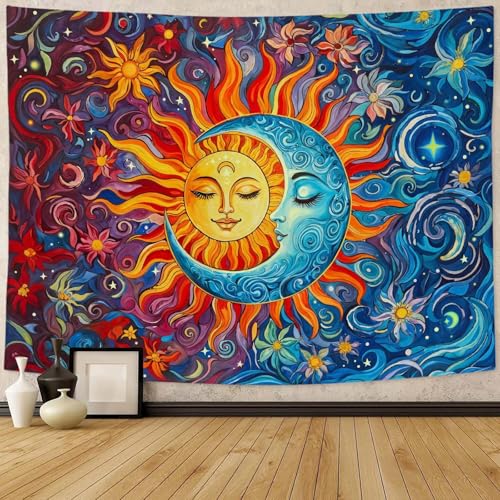 Accnicc Sun and Moon Tapestry Boho Hippie Orange Red Blue Floral Tapestry for Bedroom Aesthetic Abstract Plant Flowers Stars Small Tapestries Wall Hanging for Living Room Dorm 48 x 36 Inch - Image 1