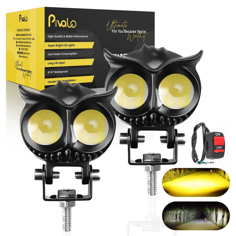 Pivalo مصباح ضباب LED بشكل بومة 40 واط من بيفالو مع هيكل معدني 9-85 فولت DC مع شعاع عالي السطوع مصباح قيادة صغير مع مفتاح مقود عالمي لجميع الدراجات النارية والسيارات (عبوة من 2، أصفر أبيض) - Image 1