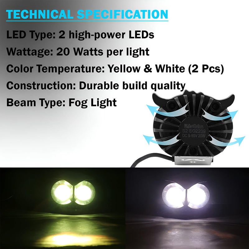 Pivalo مصباح ضباب LED بشكل بومة 40 واط من بيفالو مع هيكل معدني 9-85 فولت DC مع شعاع عالي السطوع مصباح قيادة صغير مع مفتاح مقود عالمي لجميع الدراجات النارية والسيارات (عبوة من 2، أصفر أبيض) - Image 2
