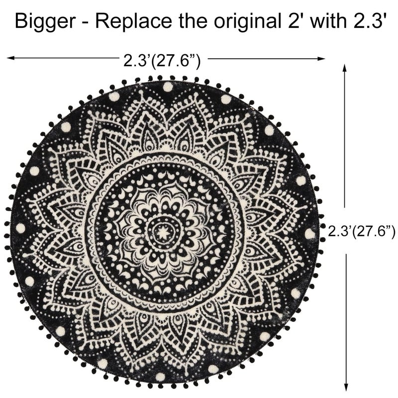 Uphome Small Round Rug 2.3â€™ Black Mandala Boho Bathroom Rugs with Pom Poms Fringe Washable Circle Shower Mat Soft Non-Slip Cute Circular Throw Rug for Sink Powder Room Bedroom Kids Room Nursery - Image 4