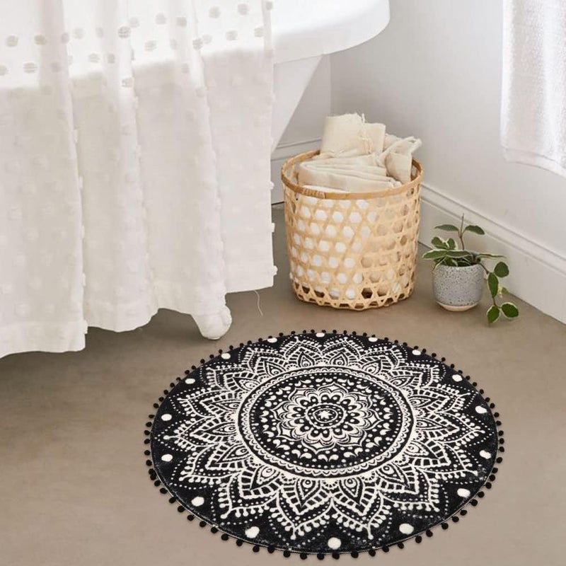 Uphome Small Round Rug 2.3â€™ Black Mandala Boho Bathroom Rugs with Pom Poms Fringe Washable Circle Shower Mat Soft Non-Slip Cute Circular Throw Rug for Sink Powder Room Bedroom Kids Room Nursery - Image 5