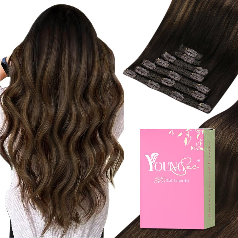 YoungSee Clip in Hair Extensions Real Human Hair Balayage Clip in Extensions Dark Brown Mix Medium Brown Highlights Brown Balayage Human Hair Extensions Clip ins for Thin Hair 20In 120G