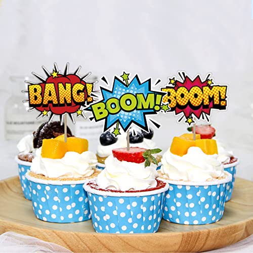 Festiko®Superhero Boom Cupcake Toppers 48 Pack Happy Birthday Cake Decor for Kids Hero Theme Birthday Party Supplies Celebrating Party Events - Image 2