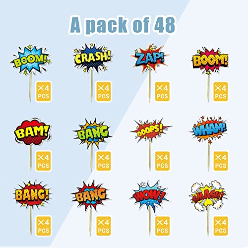 Festiko®Superhero Boom Cupcake Toppers 48 Pack Happy Birthday Cake Decor for Kids Hero Theme Birthday Party Supplies Celebrating Party Events - Image 4