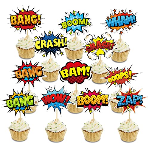 Festiko®Superhero Boom Cupcake Toppers 48 Pack Happy Birthday Cake Decor for Kids Hero Theme Birthday Party Supplies Celebrating Party Events - Image 1
