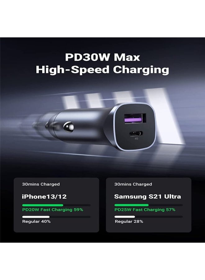 يو جرين كابل شاحن سيارة 52.5 وات PD30W iPhone 15 Pro شاحن سيارة سريع منافذ USB مزدوجة محول طاقة سريع للسيارة شاحن USB للسيارة 25 وات مع كابل USB C 1 متر لهواتف سامسونج، آيفون، آيباد، هواوي، ون بلس، إلخ - Image 3