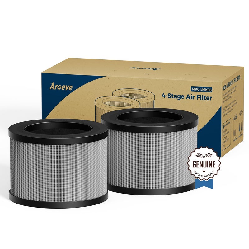 AROEVE MK01MK06 Air Purifier Replacement Filter Smoke Remove Material 4 in1 with Activated Carbon Mix Against for Smoke Odors and VOCs 2 Pack Grey