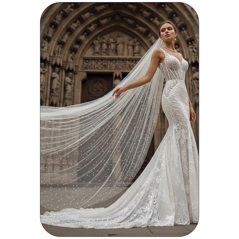 Unsutuo Pearl Wedding Veil 1 Tier Cathedral Veils Bridal Tulle Veil with Comb for Women and Girls (L:118",W:59", White) - Image 1