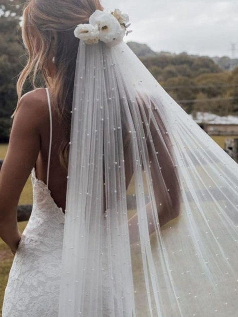 Unsutuo Pearl Wedding Veil 1 Tier Cathedral Veils Bridal Tulle Veil with Comb for Women and Girls (L:118",W:59", White) - Image 4
