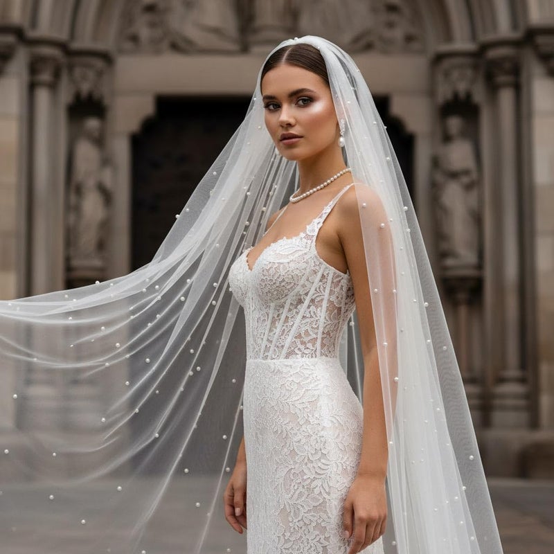 Unsutuo Pearl Wedding Veil 1 Tier Cathedral Veils Bridal Tulle Veil with Comb for Women and Girls (L:118",W:59", White) - Image 3