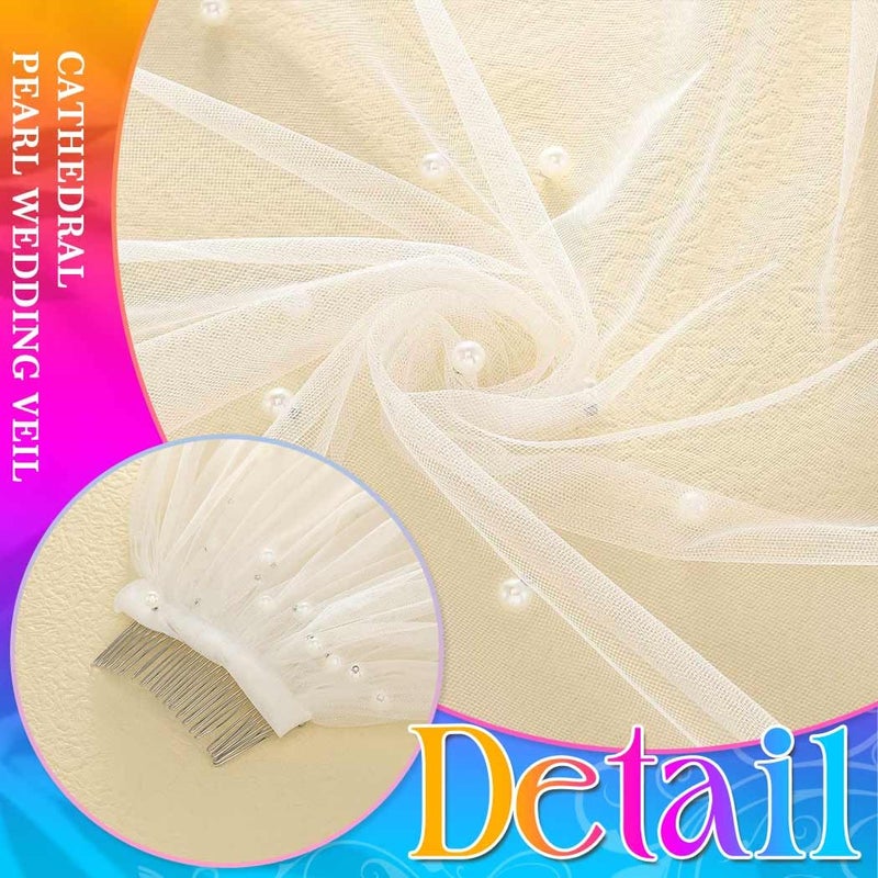 Unsutuo Pearl Wedding Veil 1 Tier Cathedral Veils Bridal Tulle Veil with Comb for Women and Girls (L:118",W:59", White) - Image 2