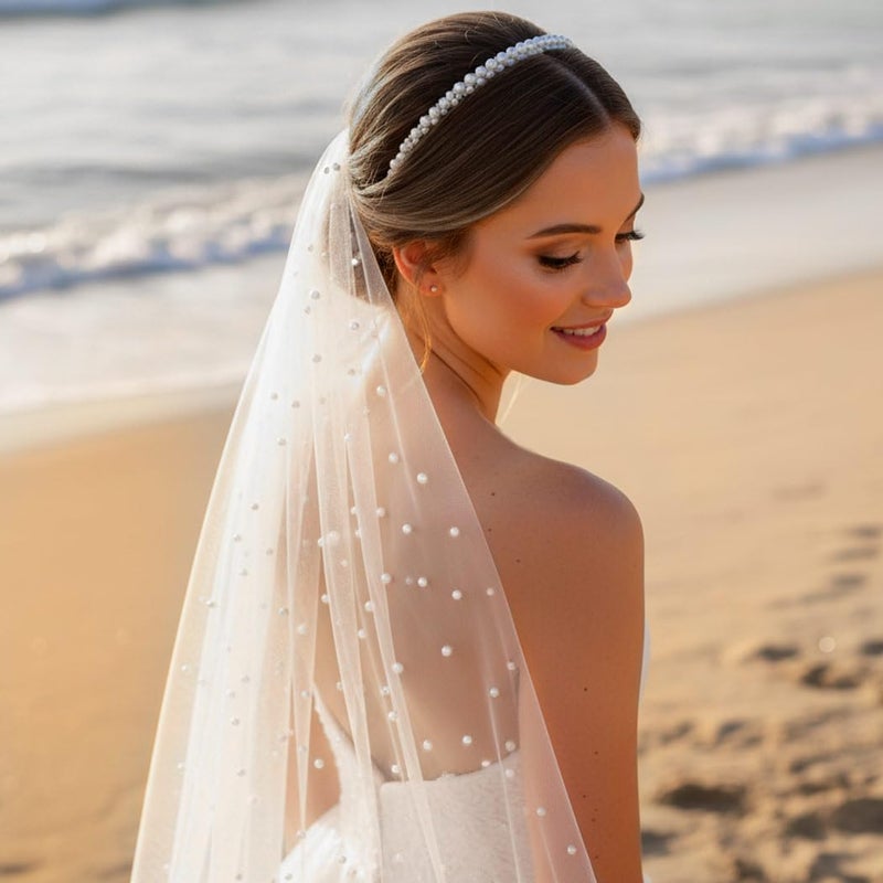 Unsutuo Pearl Wedding Veil 1 Tier Cathedral Veils Bridal Tulle Veil with Comb for Women and Girls (L:118",W:59", White) - Image 5