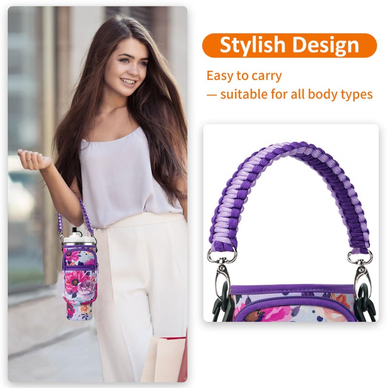 AceTreker Water Bottle Sling Bag with Paracord Handle for Stanley 30/40 oz Tumbler Insulated Thermos Car Mug Carrier Pouch with Phone Pocket & Straw Cap for Stanley Cup Accessories-Purple Rose - Image 2