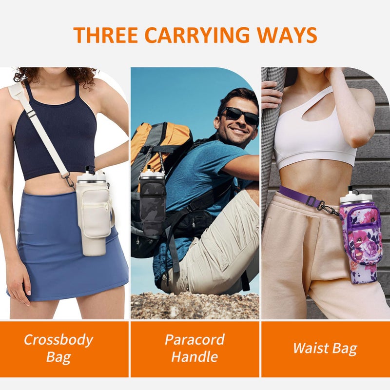 AceTreker Water Bottle Sling Bag with Paracord Handle for Stanley 30/40 oz Tumbler Insulated Thermos Car Mug Carrier Pouch with Phone Pocket & Straw Cap for Stanley Cup Accessories-Purple Rose - Image 4