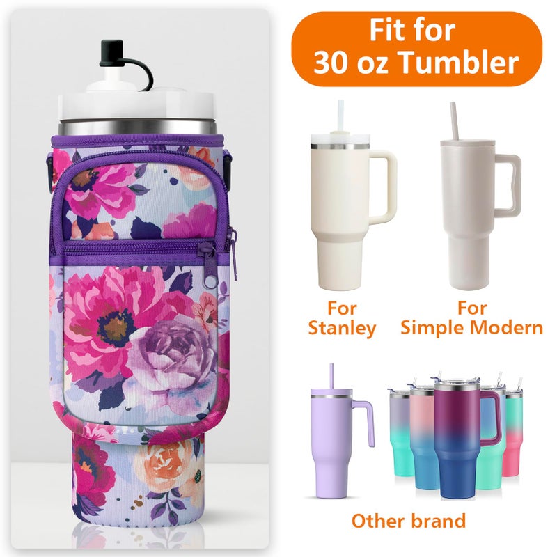 AceTreker Water Bottle Sling Bag with Paracord Handle for Stanley 30/40 oz Tumbler Insulated Thermos Car Mug Carrier Pouch with Phone Pocket & Straw Cap for Stanley Cup Accessories-Purple Rose - Image 3