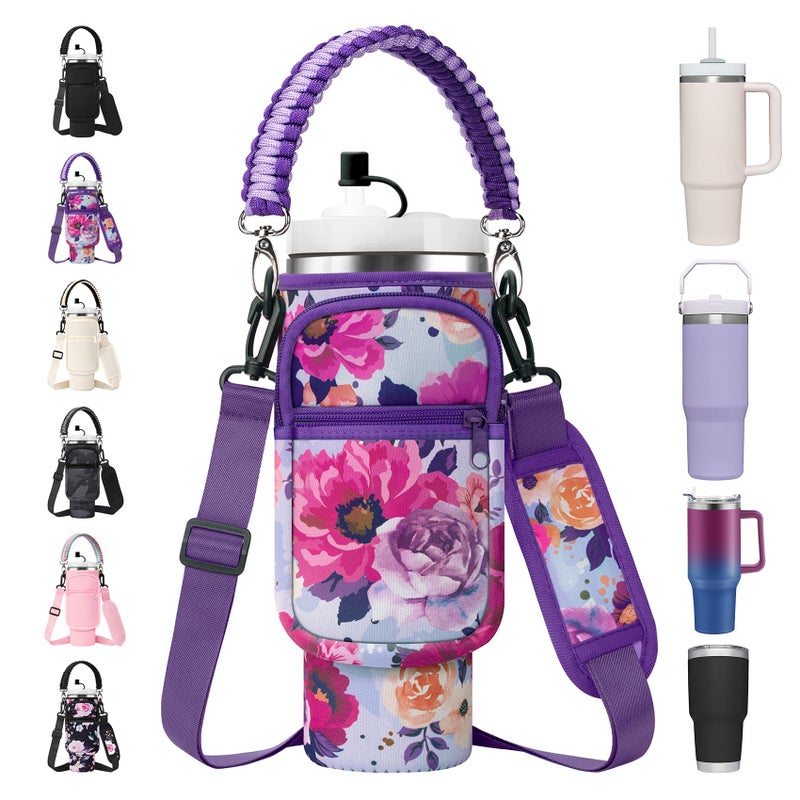 AceTreker Water Bottle Sling Bag with Paracord Handle for Stanley 30/40 oz Tumbler Insulated Thermos Car Mug Carrier Pouch with Phone Pocket & Straw Cap for Stanley Cup Accessories-Purple Rose - Image 1