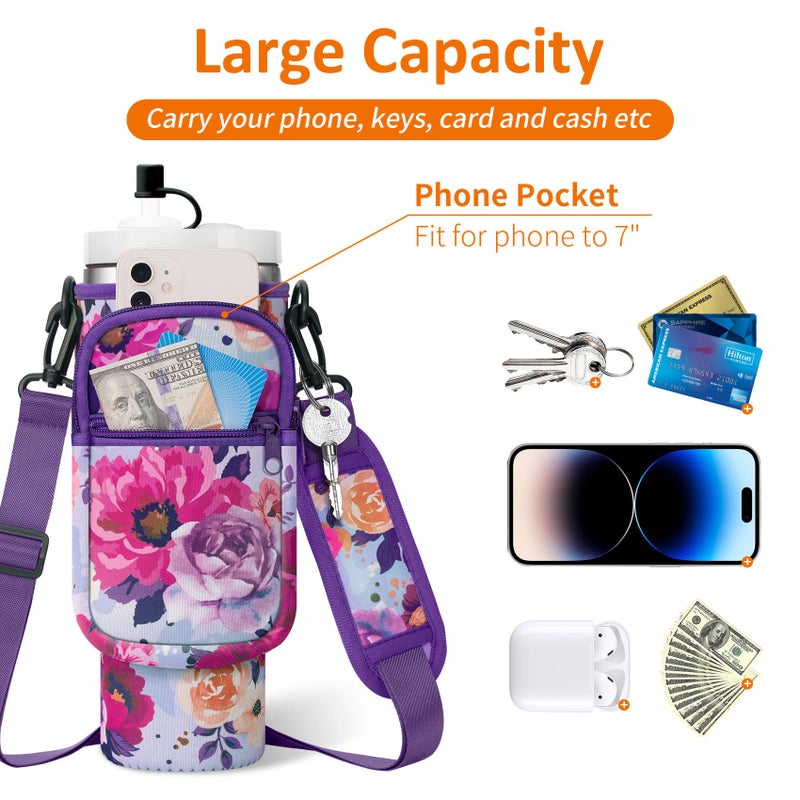 AceTreker Water Bottle Sling Bag with Paracord Handle for Stanley 30/40 oz Tumbler Insulated Thermos Car Mug Carrier Pouch with Phone Pocket & Straw Cap for Stanley Cup Accessories-Purple Rose - Image 5